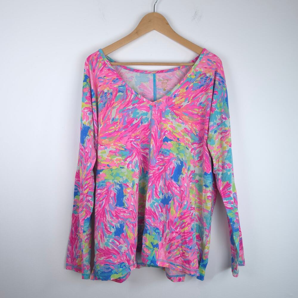 Lilly Pulitzer UPF +30 Trenna Top Long Sleeve Pink Multi Palm Beach Print Sz XL